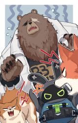  1boy anger_vein angry animal_ears bangboo_(zenless_zone_zero) bear_boy bear_ears ben_bigger black_tank_top brown_fur cat chawarabi claws commentary_request dog fangs flying_sweatdrops furry furry_male highres jacket looking_at_another non-humanoid_robot officer_cui_(zenless_zone_zero) rabbit_ears robot scar scar_across_eye scar_on_face scared tank_top vest white_jacket zenless_zone_zero 