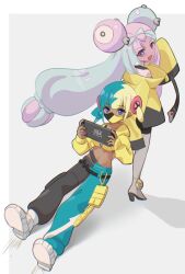  2girls aqua_hair black_mask blonde_hair blue_eyes blue_hair bow-shaped_hair breasts canari_(pokemon) character_hair_ornament dark-skinned_female dark_skin hair_ornament handheld_game_console holding holding_handheld_game_console iono_(pokemon) jacket long_hair long_sleeves looking_at_viewer magnemite mask mizuiro123 mouth_mask multicolored_hair multiple_girls navel nintendo_switch_2 open_mouth pants pantyhose pink_hair pokemon pokemon_legends:_z-a pokemon_sv sharp_teeth shirt short_twintails single_leg_pantyhose sleeves_past_fingers sleeves_past_wrists smile split-color_hair teeth twintails two-tone_hair two-tone_mask yellow_jacket yellow_mask 