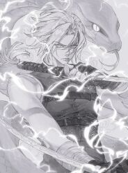  1boy absurdres animal bandaged_arm bandages chest_belt chinese_commentary commentary_request face_piercing fingerless_gloves floating_hair forehead giant_snake gloves granyon greyscale hair_over_one_eye highres holding holding_sword holding_weapon kagurabachi katana lightning lip_piercing looking_at_viewer male_focus monochrome natsuki_misaka oversized_animal parted_bangs piercing reverse_grip scales scar scar_on_face scar_on_nose shirt short_hair sleeveless sleeveless_shirt slit_pupils snake solo sword tassel toned toned_male upper_body weapon 