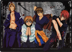  1990s_(style) 4boys belt blonde_hair brown_hair collarbone crossed_arms denim fujimiya_ran gloves hand_in_pocket hidaka_ken highres hood hoodie jacket jeans kudou_youji looking_at_viewer magazine_scan male_focus multiple_boys navel non-web_source official_art open_clothes orange_hair pants red_hair retro_artstyle scan shirt smile standing t-shirt tsukiyono_omi violet_eyes weiss_kreuz 