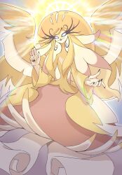  1girl absurdly_long_hair baihuwange beak bird_girl blonde_hair blue_eyes dress feathers furry furry_female hazbin_hotel hellaverse highres long_eyelashes long_hair looking_at_viewer solo speaker_of_god_(hazbin_hotel) very_long_hair yellow_dress yellow_feathers 