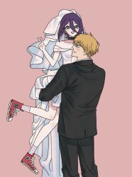  1boy 1girl aze_chainsawman bare_shoulders black_choker black_jacket black_pants black_suit blonde_hair blush breasts bridal_veil chainsaw_man choker collared_shirt commentary couple denji_(chainsaw_man) dress green_eyes grenade_pin hair_between_eyes hair_bun hetero highres husband_and_wife jacket long_dress looking_at_another medium_breasts medium_hair off-shoulder_dress off_shoulder open_mouth pants pink_background purple_hair red_shoes reze_(chainsaw_man) shirt shoes short_hair smile sneakers socks suit suit_jacket symbol-only_commentary updo v veil wedding_dress white_dress white_shirt white_socks 