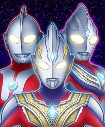  3boys absurdres alien armor breastplate color_timer colored_skin commentary compound_eyes crystal dorsal_fin forehead_jewel giant giant_male glowing glowing_eyes gold_trim gradient_eyes hetareman highres in-franchise_crossover looking_at_viewer male_focus multicolored_eyes multicolored_skin multiple_boys no_pupils pectorals purple_skin red_skin side-by-side silver_skin sky star_(sky) starry_sky tokusatsu twitter_username ultra_series ultraman ultraman_(1st_series) ultraman_tiga ultraman_tiga_(multi_type) ultraman_tiga_(series) ultraman_trigger ultraman_trigger_(multi_type) ultraman_trigger_(series) upper_body white_eyes yellow_eyes 