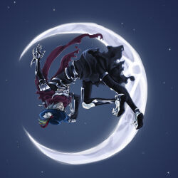  1boy armor armored_boots assassin_cross_(ragnarok_online) black_cape black_pants black_shirt blue_hat blue_sky boots cape closed_mouth commentary_request crescent_moon frontflip full_body grey_hair hat highres jumping looking_at_viewer male_focus mask masquerade_mask moon night night_sky outdoors pants pauldrons ragnarok_online red_scarf scarf shirt short_hair shoulder_armor sky smile solo star_(sky) starry_sky toriria torn_cape torn_clothes torn_scarf vambraces waist_cape 