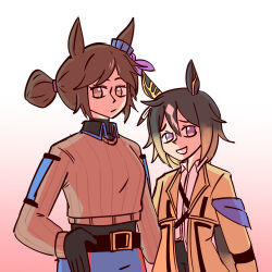  2girls absurdres ahoge animal_ears awkward belt black_gloves black_hair brown_eyes coat collared_shirt dear_wink_(racehorse) ear_covers english_commentary gloves gold_buckle hair_between_eyes hair_bun hand_on_own_hip highres horse_ears horse_girl long_hair long_sleeves looking_at_viewer multicolored_hair multiple_girls pink_ribbon ponytail ribbed_sweater ribbon shirt single_ear_cover smile starlinkman stay_gold_(umamusume) streaked_hair sweater umamusume violet_eyes white_hair yellow_coat 
