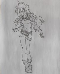  1girl armor black_headband boots cape cosplay earrings gloves graphite_(medium) greyscale hatching_(texture) headband highres jewelry lina_inverse lina_inverse_(cosplay) linear_hatching long_hair looking_at_viewer mechanical_pencil mixed_media monochrome open_mouth pauldrons pen_(medium) pencil sergent_magnom shoulder_armor sketch slayers slayers_next slayers_try smile solo sphere_earrings traditional_media 