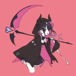  1girl black_dress black_hair black_jacket cloak cropped_legs dress hair_ornament heart holding holding_scythe hood hood_up hooded_cloak horns jacket leaning_forward long_hair long_sleeves looking_at_viewer multicolored_hair oninome_tsuki open_mouth original over_shoulder pink_background pink_hair scythe simple_background sketch solo twintails violet_eyes weapon x_hair_ornament 