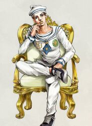  1boy absurdres anchor_ornament arm_support birthmark black_hair black_shoes blue_eyes chair collarbone commentary_request compass_rose crossed_legs dixie_cup_hat faux_traditional_media hat hatching_(texture) higashikata_josuke_(jojolion) highres joestar_birthmark jojo_no_kimyou_na_bouken jojolion kaib0y male_focus military_hat pants parted_lips sailor sailor_collar sailor_hat shirt shoes sitting sneakers solo white_hat white_pants white_sailor_collar white_shirt yellow_lips 
