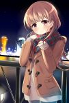  1girl blush brown_eyes brown_hair city_lights highres jacket kantai_collection long_hair long_sleeves looking_at_viewer night ooi_(kantai_collection) open_clothes open_jacket scarf shirt sky smile solo soramuko star_(sky) starry_sky 