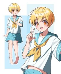  1boy aqua_shorts barefoot blonde_hair blush clenched_hand full_body hair_between_eyes highres invisible_chair kai_(shell) male_focus midriff_peek multiple_views neckerchief open_mouth orange_eyes root_(stpri) school_uniform shirt short_hair short_sleeves shorts sitting smile strawberry_prince upper_body w white_shirt yellow_neckerchief 