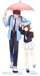  1boy 1girl :t absurdres arm_on_head backpack bag bangs belt black_blouse black_necktie black_pants blazer brother_and_sister brown_hair cardcaptor_sakura floral_print full_body hat height_difference highres holding_umbrella kinomoto_sakura kinomoto_touya long_sleeves looking_at_another looking_down looking_up miniskirt open_mouth pants pleated_skirt puddle rain red_eyes school_uniform serafuku shared_umbrella shirt shoes short_hair siblings skirt socks somemiya_suzume umbrella walking white_background white_legwear white_shirt 