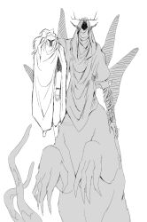  2others antlers armor bandaged_arm bandages ceruval claws cloak commentary creature d3rlord3 dangling english_commentary faceless facing_viewer full_body greyscale highres horns lifting_person monochrome multiple_others pointy_ears robe searching_for_a_world_that_doesn&#039;t_exist size_difference the_king_in_yellow_(searching_for_a_world_that_doesn&#039;t_exist) 