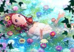  1girl bare_shoulders blurry breasts camellia_(flower) cleavage closed_mouth collarbone dress floating flower galibo hair_flower hair_ornament leaf looking_away looking_to_the_side lying original partially_submerged precure redhead ripples short_hair small_breasts smile solo upper_body violet_eyes water_drop white_dress 