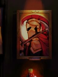  1other armor averythemayo bpdnpdtism cloak d3rlord3 dim_lighting faceless from_side galea_helmet highres holding holding_pickaxe mini_person miniboy monster_boy over_shoulder pickaxe portrait_(object) red_cloak searching_for_a_world_that_doesn&#039;t_exist shoulder_armor slime_boy spotlight upper_body weapon weapon_over_shoulder 