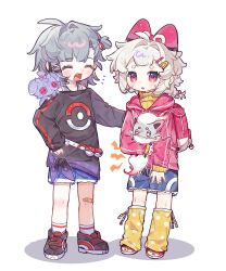 2girls :d ^_^ absurdres ahoge bandaid bandaid_on_knee bandaid_on_leg black_shirt black_shoes blue_shorts blunt_bangs blush character_request closed_eyes espurr fang full_body grey_hair hair_intakes hair_ornament hairclip he_dian_dounai_ba highres hisuian_zorua hood hood_down hoodie kneehighs long_sleeves multiple_girls open_mouth original pink_eyes pink_hoodie poke_ball poke_ball_(basic) poke_ball_print pokemon polka_dot polka_dot_socks print_shirt red_shoes shirt shoes short_hair shorts simple_background smile sneakers socks standing sweatdrop thick_eyebrows white_background white_hair white_socks x_hair_ornament yellow_socks zorua
