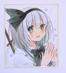  1girl absurdres black_bow black_bowtie black_hairband blush bow bowtie commentary_request green_eyes green_vest hairband highres hitodama konpaku_youmu konpaku_youmu_(ghost) looking_at_viewer marker_(medium) own_hands_together photo_(medium) reitaisai shikishi shirayuki_runa shirt short_hair smile solo steepled_fingers sword sword_on_back touhou traditional_media upper_body vest weapon weapon_on_back white_shirt 
