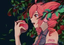  1girl ahoge apple apple_tree black_background blush branch breast_pocket close-up detached_sleeves drill_hair eating eyelashes falling_leaves food food_bite from_side fruit grey_shirt highres holding holding_food holding_fruit kasane_teto kasane_teto_(utau) leaf light_blush long_hair looking_at_object number_tattoo open_mouth pocket profile red_eyes red_hair red_trim shirt shoulder_tattoo siyawaka1001 sleeveless sleeveless_shirt solo swept_bangs tattoo teeth tree twin_drills twintails upper_teeth_only utau 