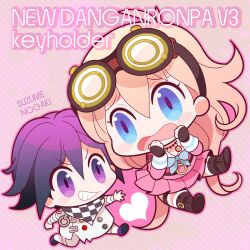  1boy 1girl antenna_hair artist_name black_boots black_gloves blonde_hair blue_bow blue_eyes boots bow chasing checkered_clothes checkered_scarf chibi chibi_only commentary_request copyright_name danganronpa_(series) danganronpa_v3:_killing_harmony eyelashes fingerless_gloves gloves goggles goggles_on_head grin heart iruma_miu long_hair long_sleeves nogaki_suzume oma_kokichi open_mouth pants pink_shirt pink_skirt purple_hair purple_shoes scared scarf shirt shoes short_hair skirt smile teeth v-shaped_eyebrows violet_eyes white_pants white_shirt 