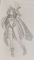  1girl armor bikini bikini_armor black_bikini black_hair breasts circlet crystal_earrings earrings graphite_(medium) greyscale hatching_(texture) highleg highleg_bikini highres ice jewelry large_breasts long_hair monochrome naga_the_serpent necklace ojou-sama_pose open_mouth pauldrons pencil photo_(medium) revealing_clothes sergent_magnom shoulder_armor shoulder_spikes sketch skull_necklace slayers slayers_next slayers_try smile solo sphere_earrings spiked_pauldrons spikes swimsuit traditional_media 