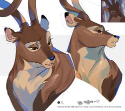  1boy animal_ears antlers bambi_(movie) commentary_request deer deer_antlers deer_boy deer_ears great_prince_of_the_forest_(bambi) highres horns karmaho korean_commentary korean_text looking_down looking_to_the_side male_focus multiple_views no_humans reference_inset translation_request upper_body white_background 