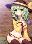  1girl blush bra breasts brown_legwear green_eyes green_hair hat hat_ribbon heart heart_of_string irotani_asuka komeiji_koishi large_breasts long_sleeves looking_at_viewer navel panties ribbon shirt solo tears thigh-highs third_eye touhou underwear wide_sleeves yellow_bra yellow_panties 