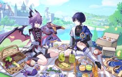  2boys absurdres alalen artist_name black_hair black_shorts black_socks blue_sky book city commentary_request dated dragon_boy fingernails food genshin_impact hair_between_eyes hand_on_own_cheek hand_on_own_face highres horns long_sleeves male_focus mini_durin_(dragon)_(genshin_impact) mini_durin_(genshin_impact) mini_durin_(human)_(genshin_impact) multiple_boys outdoors picnic_basket pointy_ears purple_hair red_eyes scaramouche_(genshin_impact) sharp_teeth shorts sky smile socks spoilers tail teeth toenails toes vision_(genshin_impact) wanderer_(genshin_impact) windmill wings 