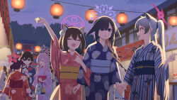  6+girls :d :o ^_^ alternate_costume animal_ears animal_hair_ornament architecture bag black_hair blue_archive blue_kimono blue_sash braid brown_hair candy_apple character_request clenched_hand closed_eyes commentary_request cowboy_shot curled_fingers east_asian_architecture evening extra_ears festival floral_print floral_print_kimono food fox_ears fox_girl from_behind from_side gradient_hair hair_between_eyes hair_bun hair_intakes hair_ornament hair_over_one_eye hair_ribbon hairpin halo hand_on_own_cheek hand_on_own_face hand_up hanging_lantern highres holding holding_another's_wrist holding_bag holding_foo holding_hands holding_napkin izuna_(blue_archive) japanese_clothes kaede_(blue_archive) kimono lantern long_hair medium_hair michiru_(blue_archive) mikan_battery mimori_(blue_archive) multicolored_hair multicolored_kimono multiple_girls obijime orange_hair peroro_(blue_archive) pink_hair print_kimono rabbit_ears rabbit_girl raccoon_ears red_halo red_kimono red_sash ribbon sash short_hair shuriken_print sidelocks single_hair_bun sleeves_past_wrists smile striped_clothes striped_kimono takoyaki tsubaki_(blue_archive) tsukuyo_(blue_archive) twintails two-tone_hair vertical-striped_clothes vertical-striped_kimono white_hair white_kimono white_sash yellow_sash 