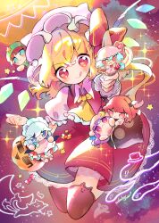  1girl absurdres ascot bat_wings blonde_hair blue_eyes bow candy character_doll chibi crystal doll dress flandre_scarlet food full_body hat highres holding hong_meiling izayoi_sakuya koakuma long_hair looking_at_viewer mikako_chan3 mob_cap multiple_girls open_mouth patchouli_knowledge puffy_short_sleeves puffy_sleeves red_eyes red_hair remilia_scarlet ribbon shirt short_hair short_sleeves side_ponytail skirt smile solo_focus thigh-highs tongue tongue_out touhou vest wings yellow_ascot 