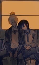  2girls absurdres black_coat black_necktie black_shorts closed_eyes coat collared_shirt feet_out_of_frame hands_on_lap head_on_another&#039;s_shoulder highres logicsterrr multiple_girls necktie rain_(shadow_slave) shadow_slave shirt shorts sitting spread_legs tamar_(shadow_slave) train_interior vest white_shirt white_vest 