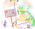  2girls artist_name bandaid bare_shoulders blue_hair blush boots cape commentary_request dress fire_emblem fire_emblem:_kakusei gauntlets green_eyes green_hair height_difference jewelry kid_icarus kid_icarus_uprising laurel_crown long_hair lucina minigirl multiple_girls necklace palutena pikmin pikmin_(creature) pout scratches signpost squatting staff super_smash_bros. torichamaru translation_request twitter_username 