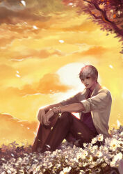  1boy black_pants bracelet branch commentary_request field flower flower_field grey_eyes ishida_mitsunari_(sengoku_basara) jacket jewelry kdash looking_ahead male_focus multiple_bracelets outdoors pants purple_shirt sengoku_basara shirt short_hair sitting sky solo sun white_hair white_jacket yellow_sky 