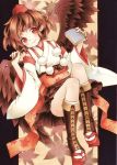  1girl autumn_leaves bent_knees book boots brown_hair detached_sleeves funnyfunny hat japanese_clothes knee_boots looking_at_viewer obi paintbrush pleated_skirt red_eyes sash shameimaru_aya short_hair skirt smile solo tokin_hat touhou traditional_media wide_sleeves wings 