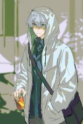  bag blue_eyes blue_shirt can collared_shirt cowboy_shot dappled_sunlight drink_can grey_hair hair_between_eyes hand_in_pocket highres holding holding_can hood hood_up hooded_jacket jacket long_sleeves looking_at_viewer male_focus open_clothes original outdoors shirt short_hair shoulder_bag smile solo sunlight xiaojiaju 