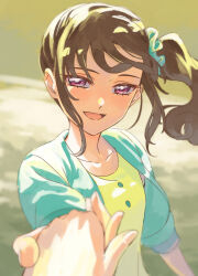  1girl 1other :d ambiguous_gender bangs_blown_up blue_jacket blue_scrunchie blurry blurry_background blurry_foreground brown_hair buttons choppy_bangs commentary crew_neck cropped_jacket dappled_sunlight depth_of_field floating_hair hair_ornament hair_scrunchie holding_hands jacket long_hair lower_eyelashes_only nekoyashiki_mayu offering_hand official_style open_mouth pov pov_hands precure reaching reaching_towards_viewer scrunchie smile solo_focus sunlight symbol-only_commentary three-quarter_sleeves upper_body vest violet_eyes wonderful_precure! yellow_vest yoko.u 