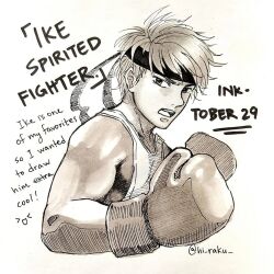  1boy alternate_costume boxing_gloves commentary cropped_torso english_commentary english_text fire_emblem fire_emblem:_path_of_radiance headband ike_(fire_emblem) inktober looking_at_viewer male_focus pluffei short_hair solo tank_top twitter_username 