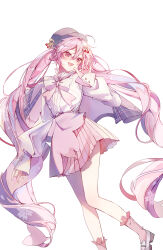  1girl absurdres blush boots bow bowler_hat bowtie cherry_blossoms cherry_hair_ornament cherry_hat_ornament food-themed_hair_ornament hair_between_eyes hair_ornament hand_up hat hatsune_miku highres jacket jacket_on_shoulders long_hair long_sleeves nagihaha official_alternate_costume official_alternate_hairstyle open_clothes open_jacket open_mouth outdoors petals pink_boots pink_bow pink_bowtie pink_eyes pink_hair pink_skirt pink_theme plaid_clothes plaid_jacket pleated_skirt sakura_miku sakura_miku_(rella) shirt signature simple_background skirt sleeves_past_wrists smile solo twintails very_long_hair vocaloid white_background white_shirt 