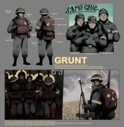  absurdres assault_rifle backpack bag balaclava bandage_on_nose baseball_cap belt_pouch blonde_hair blood blood_on_face brown_hair bug bulletproof_vest butterfly camouflage cigarette coop_soggy cup fingerless_gloves gas_mask gloves grey_sky gun halo hat helmet highres holding holding_cigarette holding_cup looking_at_viewer male_focus mask military_uniform multiple_boys object_focus original pile_of_corpses posing pouch rifle sky smoking steaming_cup strichtarn sweatdrop tape weapon woodland_camouflage yellow_halo 