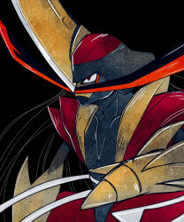  1other arm_blade arm_on_own_leg armor black_background black_hair close-up facial_hair facing_to_the_side gold_trim grey_helmet grey_trim hand_on_own_knee helmet high_contrast highres kingambit long_mustache looking_ahead mustache no_mouth outside_border pokemon pokemon_(creature) pokemon_focus red_eyes red_helmet red_trim shoulder_armor shoulder_pads sitting solo spiked_helmet thick_mustache two-tone_helmet umi-be-to upper_body weapon yellow_trim 