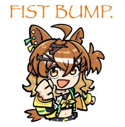  1girl ahoge animal_ear_piercing animal_ears black_shirt brown_eyes brown_hair chibi clenched_hands crop_top cropped_legs english_text eyelashes front-tie_top grey_pants hair_between_eyes hair_ornament hairclip happy highres horse_ears horse_girl incoming_fist_bump jacket jungle_pocket_(champion's_battle_cry)_(umamusume) jungle_pocket_(umamusume) long_hair long_sleeves looking_at_viewer midriff multicolored_hair multiple_piercings navel notched_ear one_side_up open_mouth pants pikminpreggedup shirt simple_background smile solo streaked_hair two-tone_shirt umamusume wavy_hair white_background yellow_jacket yellow_shirt 