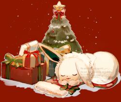  alternate_color box christmas christmas_ornaments christmas_present christmas_stocking christmas_tree closed_eyes closed_mouth eevee gift gift_box highres no_humans pokemon pokemon_(creature) pokemon_focus red_background shiny_pokemon sleeping smile su_(sajo_su5) tail 