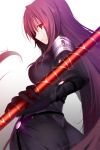  1girl ass bodysuit fate/grand_order fate_(series) glowing glowing_eyes highres long_hair looking_at_viewer looking_back polearm purple_hair red_eyes scathach_(fate/grand_order) solo spear tetsu_(countryside) very_long_hair weapon 
