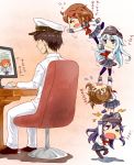  &gt;_&lt; 1boy 4girls admiral_(kantai_collection) akatsuki_(kantai_collection) blue_eyes blue_legwear brown_eyes brown_hair chibi closed_eyes commentary computer_mouse fang folded_ponytail hat hibiki_(kantai_collection) ikazuchi_(kantai_collection) inazuma_(kantai_collection) kantai_collection long_hair monitor multiple_girls neckerchief one_eye_closed open_mouth pantyhose short_hair silver_hair sitting skirt suparutan thigh-highs translated trembling 