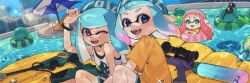  3girls black_shorts blue_eyes blue_hair blue_hairband blunt_bangs bracelet commentary_request fangs gradient_hair hairband hand_on_own_head highres inkling inkling_girl inkling_player_character jellyfish_(splatoon) jet_squelcher_(splatoon) jewelry long_hair looking_at_viewer medium_hair multicolored_hair multiple_girls one_eye_closed open_mouth pink_hair prat_rat shirt shorts smile splat_charger_(splatoon) splatoon_(series) tank_top tentacle_hair violet_eyes white_tank_top yellow_shirt 