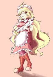  1girl ahoge apron armband blonde_hair boots dress frilled_apron frilled_dress frills full_body holding holding_sword holding_weapon long_hair maid maid_apron maid_headdress pantyhose quarium red_armband red_boots red_dress short_sleeves slit_pupils smile standing sword touhou touhou_(pc-98) wavy_hair weapon yumeko_(touhou) 