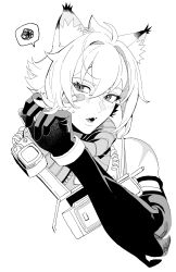  1boy absurdres animal_ear_fluff animal_ears averting_eyes bandaid bandaid_on_face bare_shoulders black_gloves blush cat_boy cat_ears colored_tips elbow_gloves fangs gloves greyscale hair_between_eyes highres male_focus monochrome multicolored_hair open_mouth pd_honey police police_uniform policeman scar scar_on_shoulder seth_lowell short_hair simple_background solo spoken_squiggle squiggle turtleneck upper_body walkie-talkie white_background white_hair wire wristband zenless_zone_zero 