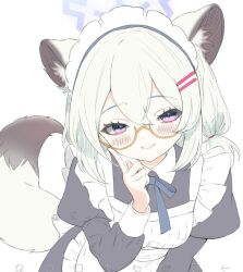  1girl adjusting_eyewear alternate_costume animal_ear_fluff animal_ears apron art_program_in_frame bespectacled black_dress black_ribbon blue_archive blue_halo blush commentary_request cowboy_shot double-parted_bangs dress enmaided extra_ears eyelashes frilled_apron frills glasses green_hair hair_between_eyes hair_ornament hairclip halo hand_up highres ibispaint_(medium) index_finger_raised juliet_sleeves leaning_forward long_sleeves looking_at_viewer low_twintails maid maid_apron maid_headdress medium_hair neck_ribbon parallel_hairclips parted_lips puffy_sleeves ribbon semi-rimless_eyewear shigure_(blue_archive) short_twintails sidelocks simple_background smile solo tail twintails violet_eyes wa_sumi weasel_ears weasel_girl weasel_tail white_apron white_background yellow-framed_eyewear 