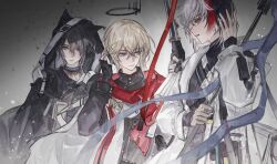  3boys absurdres animal_ears arknights belt black_cloak black_gloves black_hair black_halo black_jacket black_shirt blonde_hair blue_eyes brown_hair cat_boy cat_ears cloak closed_mouth coat crossed_bangs earpiece ears_through_headwear elysium_(arknights) executor_(arknights) executor_the_ex_foedere_(arknights) expressionless fingerless_gloves flag gloves gradient_background grey_background grey_eyes gun hair_between_eyes halo hand_on_own_ear hand_up highres holding holding_flag holding_gun holding_weapon hood hood_up hooded_cloak infection_monitor_(arknights) jacket long_sleeves looking_at_another looking_back male_focus multicolored_hair multiple_boys open_clothes open_coat parted_lips phantom_(arknights) profile red_cloak red_hair rifle shirt shiyue950 short_hair sideways_glance streaked_hair turtleneck turtleneck_shirt two-tone_cloak upper_body weapon white_background white_belt white_cloak white_coat white_hair 