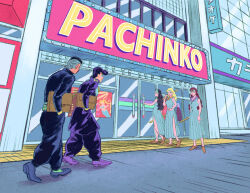  2boys 3girls akemi_(jojo) bag brown_shoes commentary_request delinquent diamond_wa_kudakenai hand_on_own_hip higashikata_josuke jojo_no_kimyou_na_bouken long_hair multiple_boys multiple_girls nijimura_okuyasu oniyama831 outdoors pleated_skirt reiko_(jojo) school_uniform shoes side_slit skirt sukeban sword walking wavy_hair weapon wooden_sword yoshie_(jojo) 