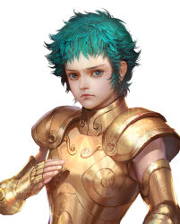  1boy armor capricorn_shura closed_mouth commentary_request eyelashes fingerless_gloves gauntlets gloves gold_armor green_eyes green_hair kdash male_focus realistic saint_seiya short_hair simple_background solo white_background 