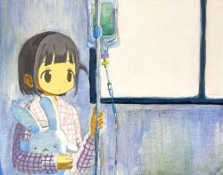 1girl brown_eyes brown_hair chawanwan holding holding_stuffed_toy intravenous_drip one_side_up original plaid_clothes plaid_shirt shirt solo stuffed_animal stuffed_rabbit stuffed_toy tareme upper_body window 